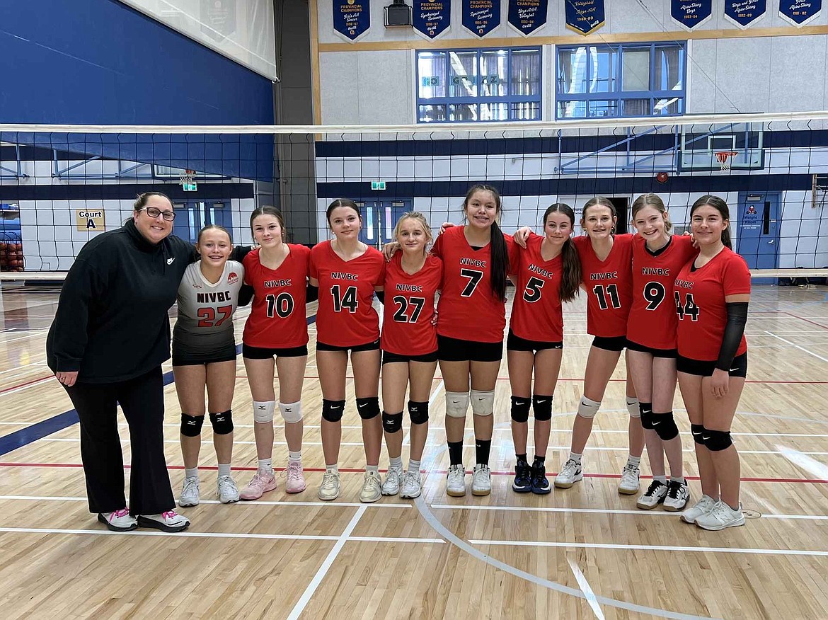 The North Idaho Volleyball Club's U14-Desi team, which is based in Bonners Ferry, won a playday jamboree tournament held this past weekend in Nelson, British Columbia. Pictured, from left are head coach Desi Staples, Josie Rennie, Bristol Hill, Hana Hanson, Jayden Rennie, Edna Abraham, Jaycee Bateman, Bento Anderson, Gage Graham and Shelby Yocom.