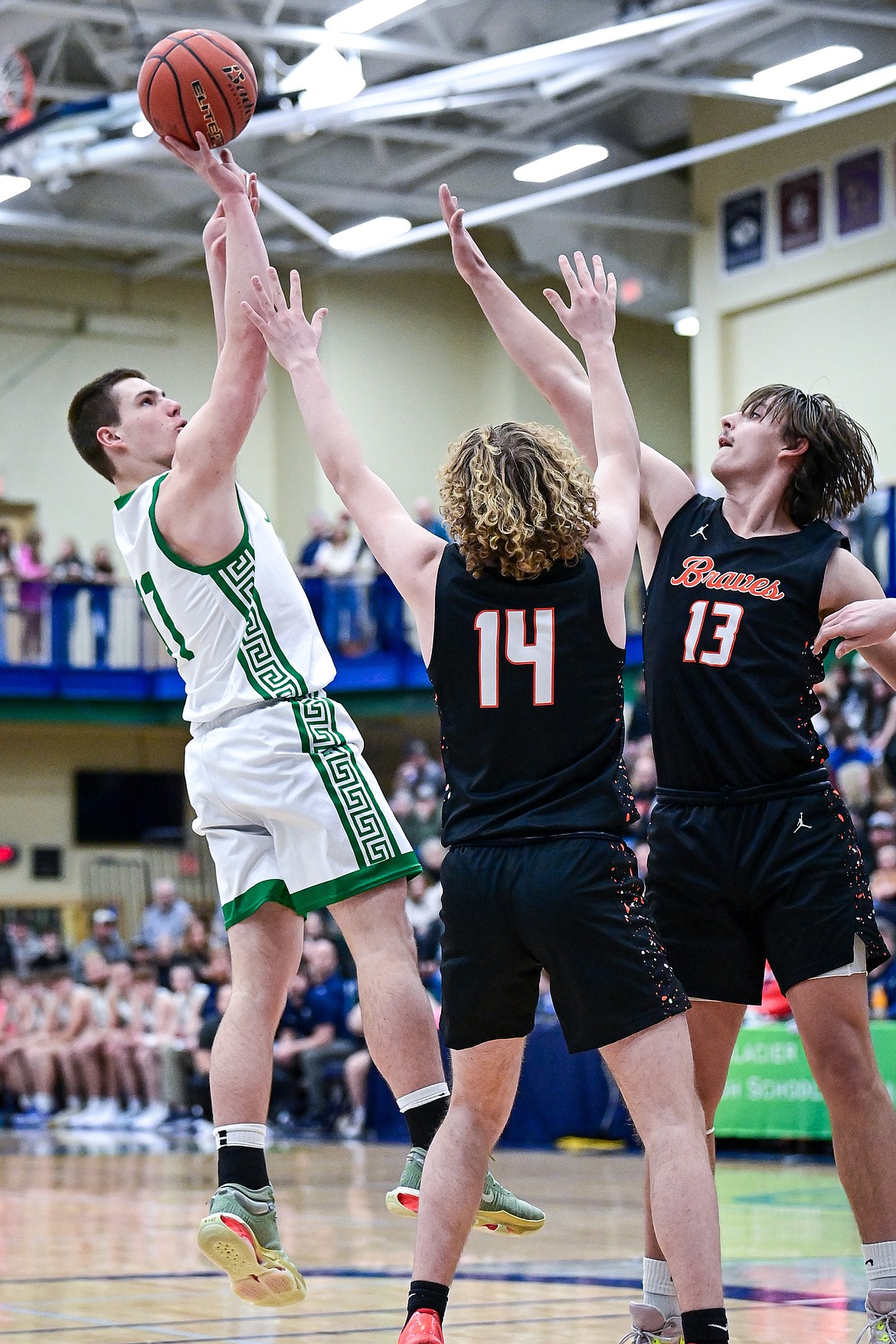 Glacier's Asher Knopik (11) shoots in the first quarter against Flathead at Glacier High School on Friday, Jan. 24. (Casey Kreider/Daily Inter Lake)