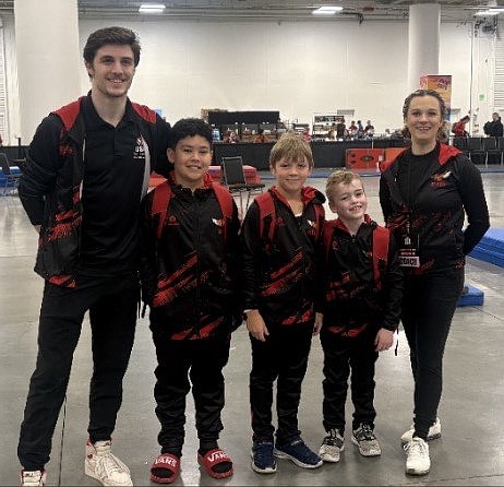 Courtesy photo
Avant Coeur Level 4 boys at the Next Era Meet in Seattle. From left are coach Matt Auerbach, Niam Phothivongsa, Alexander Schmid, Jakob Clinton and coach Blaike Dellara.