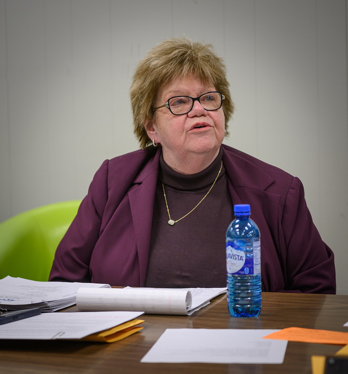 Plains School District Superintendent Kathleen Walsh gives the school board her monthly report at last week's meeting. (Tracy Scott/Valley Press)