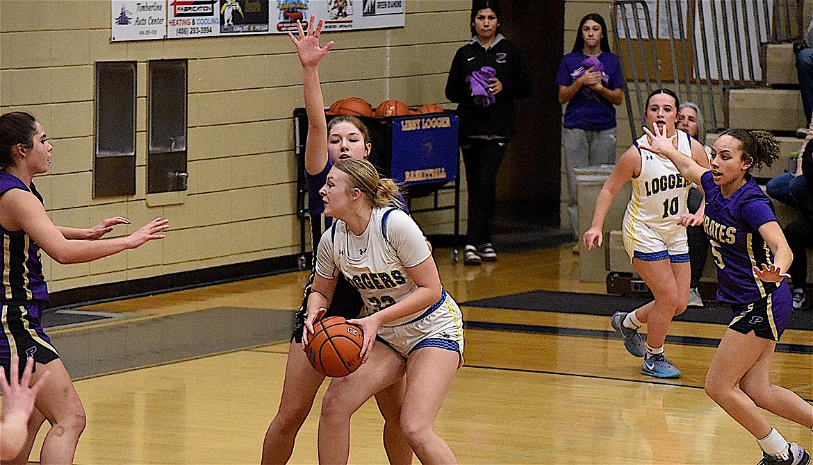 Libby's Rachel Kosters readies to shoot against Polson Saturday, Jan. 25, 2025. (Scott Shindledecker/The Western News)