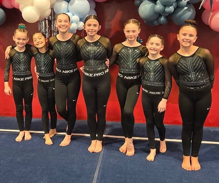 Courtesy photo
Technique Gymnastics Xcel Golds took 1st Place Team at The Free To Flip meet in Moses Lake, Wash. From left are Kennedy Zimmerman, Reese Bligh, Emma Heinz, Sydney D'Avanzo, Everly Reed, Madison Forkner and Rowyn Black Eagle-Seres.