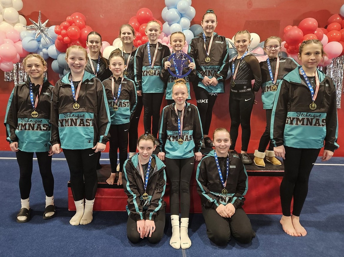 Courtesy photo
Technique Gymnastics Xcel Silvers took 3rd Place Team at The Free To Flip meet in Moses Lake, Wash. In the front row from left are Bridgette O'Connor and Sadie Valentini; second row from left, Clara Stoffer, Sierra Martin, Hadley Black Eagle-Seres, Rylin Carver and Matilda Krasin; and back row from left, Michaela Simshauser, Sage Moyer, Riley Eastman, Reagan Zimmerman, Samantha Shaulis and Allienna Morton.