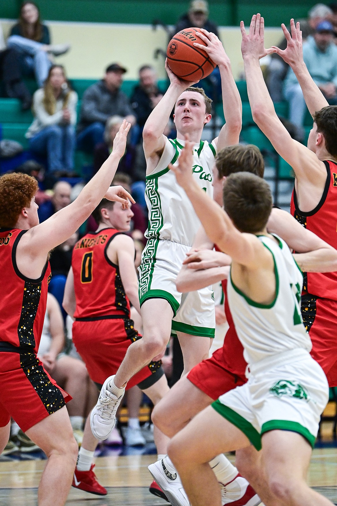 Glacier's Cooper Pelc (1) shoots in the third quarter against Missoula Hellgate at Glacier High School on Thursday, Jan. 30. (Casey Kreider/Daily Inter Lake)