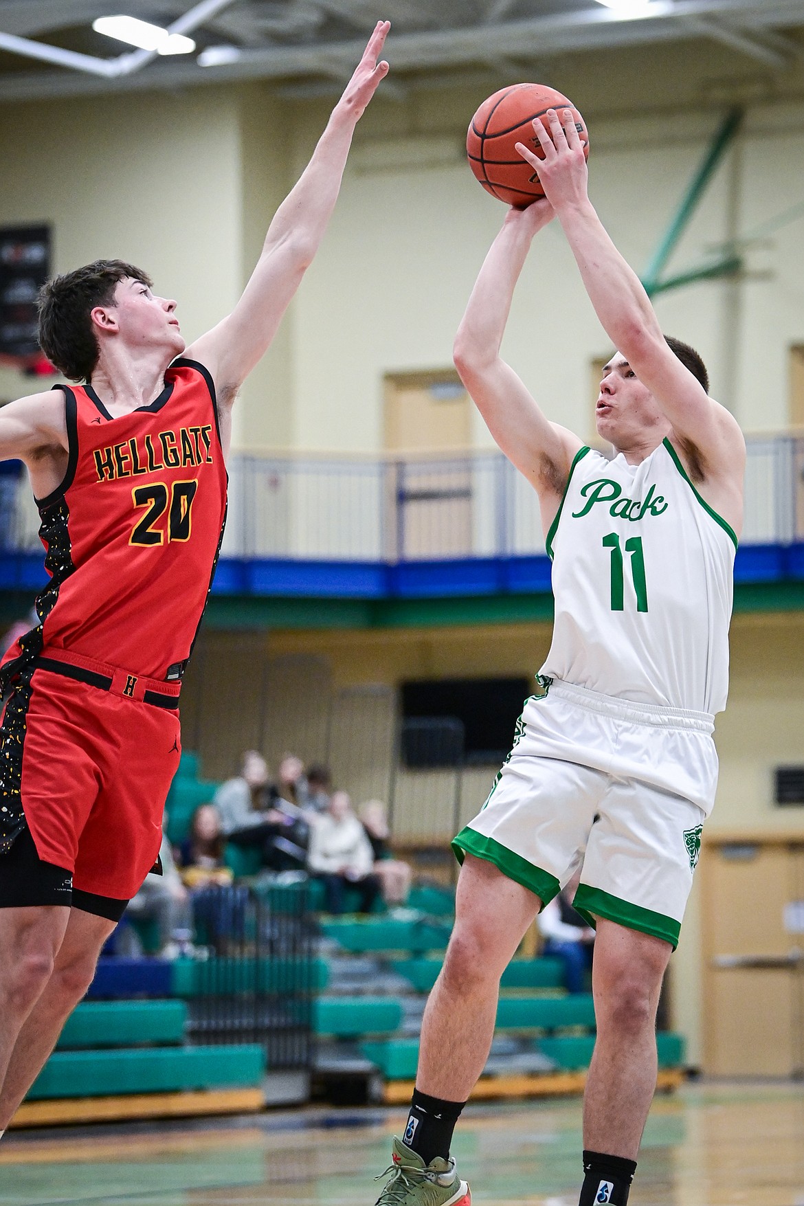 Glacier's Asher Knopik (11) shoots in the first half against Missoula Hellgate at Glacier High School on Thursday, Jan. 30. (Casey Kreider/Daily Inter Lake)