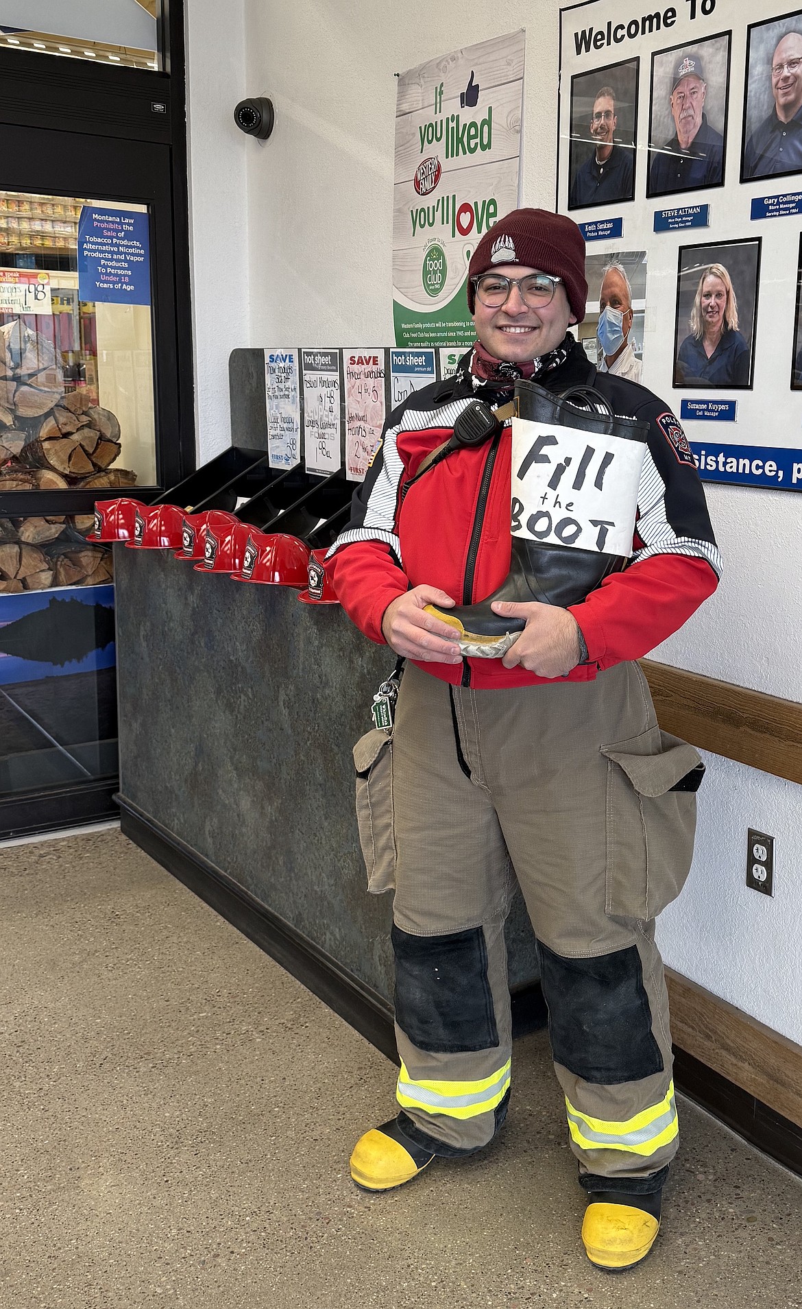 Polson volunteer firefighter Ismet Gokce encouraged Super One shoppers to "Fill the Boot" with donations last Thursday. Funds go to the Leukemia and Lymphoma Society.