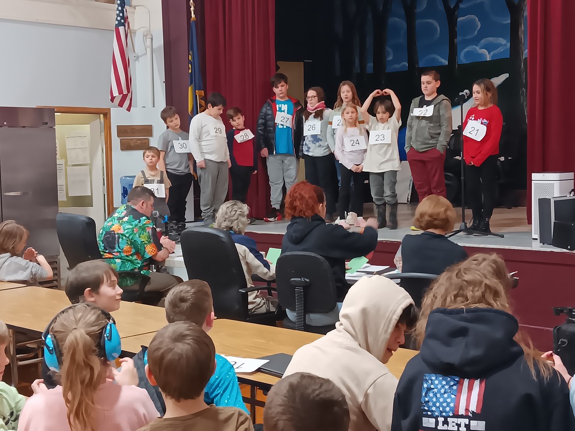 Teachers, administration and other students made up the audience of the Alberton Spelling Bee last week held in their cafeteria. Fourteen Alberton students will be competing in the Mineral County Spelling Bee on March 4 at St. Regis School. (Monte Turner/Mineral Independent)