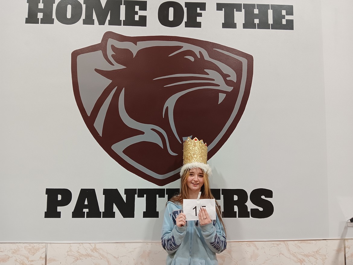 Eighth-grade student Layla Hill was contestant number 15, but after being crowned Alberton School Spelling Bee Champion 2025, she covered up a portion of her number to celebrate. (Monte Turner/Mineral Independent)