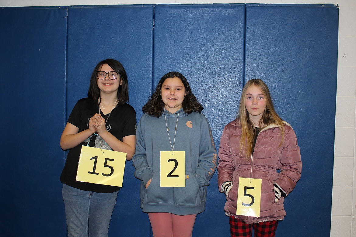 From left, Superior School Spelling Bee top winners Ruby Pittsley (runner up), Aaliyah Caswell (champion) and Nevaeh Clay (third place). All three and several other classmates will compete in the Mineral County Spelling Bee on March 4. (Monte Turner/Mineral Independent)