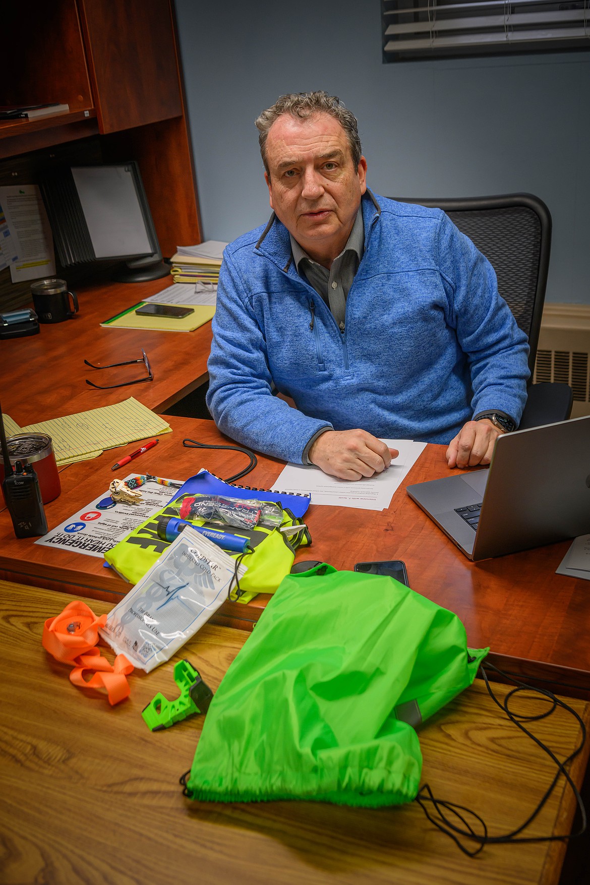 Noxon School Superintendent and Principal Dave Whitesell showing some of the emergency equipment available in each classroom. (Tracy Scott/Valley Press)