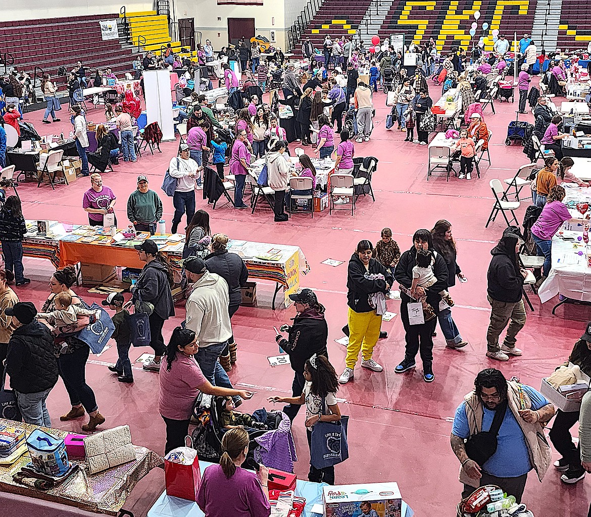 A bird's eye view of the Baby Fair held at the Joe McDonald Health and Fitness Center shows families, babies, and children enjoying the many tables with fun things to do and swag to collect. (Berl Tiskus/Leader)