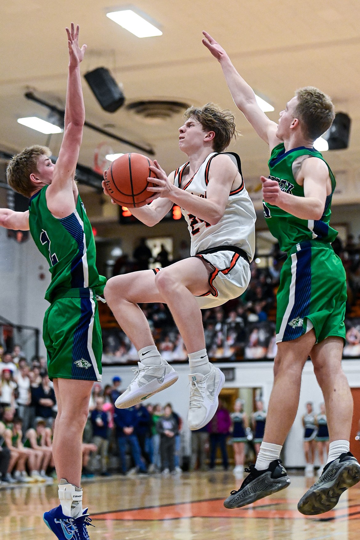 Flathead's Brodee Zahn (24) drives to the basket in the second half against Glacier at Flathead High School on Thursday, Feb. 6. (Casey Kreider/Daily Inter Lake)