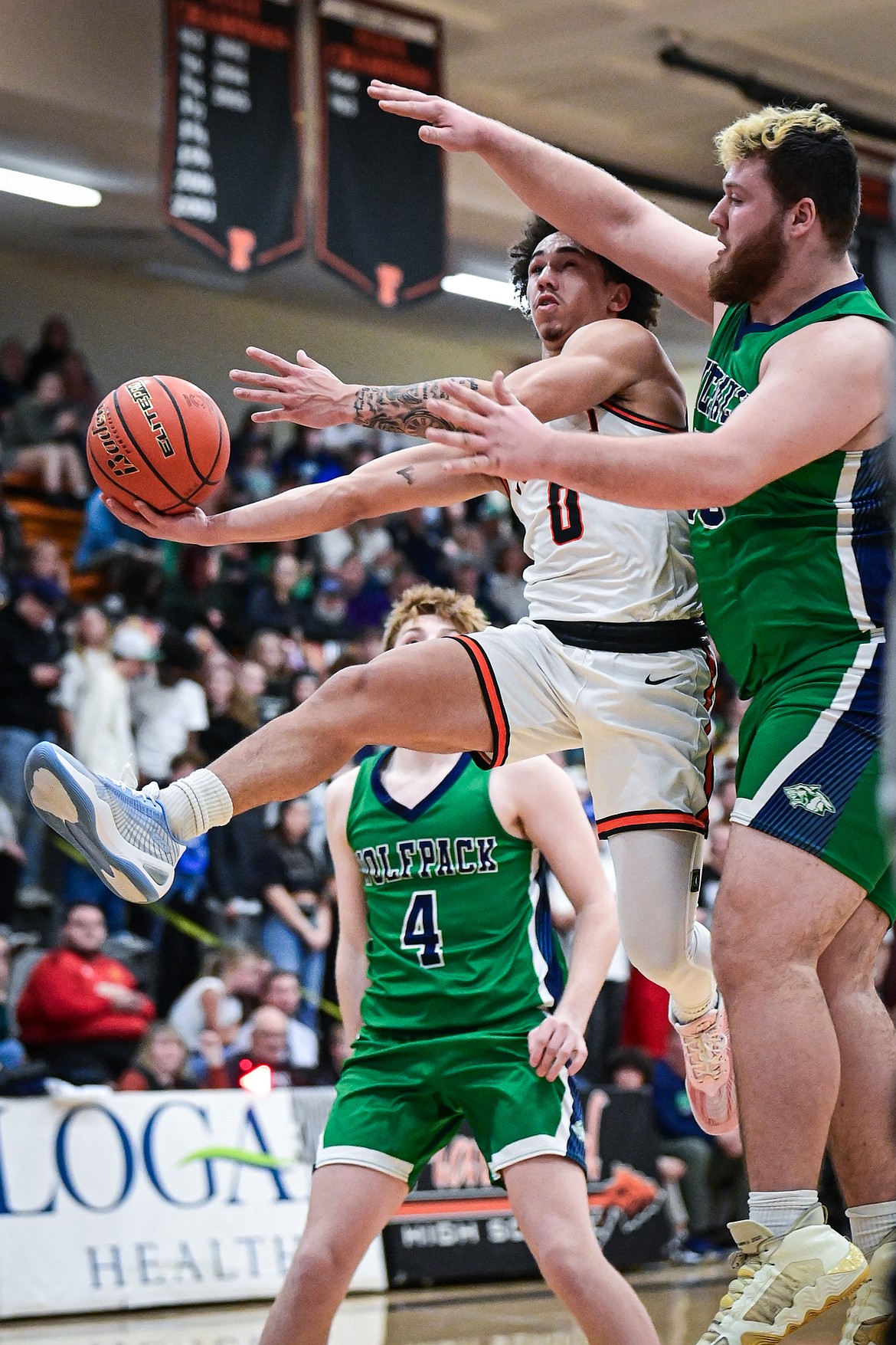 Flathead's Jordan Griffin (0) drives to the basket in the second half against Glacier at Flathead High School on Thursday, Feb. 6. (Casey Kreider/Daily Inter Lake)
