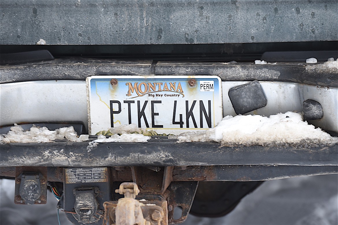 One local angler indicated his preference for northern pike on his license plate of his rig parked at Bull Lake during the Halfway House Bar and Grill Ice Fishing Derby. (Scott Shindledecker/The Western News)