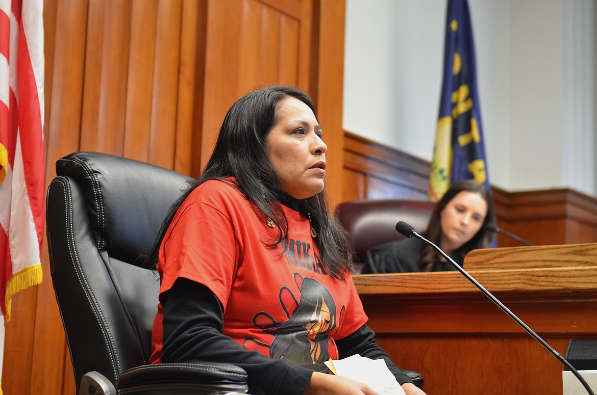 Carissa HeavyRunner describes the agony her family has suffered since losing her daughter, Mika Westwolf, on March 31, 2023, to a hit-and-run north of Arlee, as District Court Judge Molly Owen listens attentively. She testified during last Friday's sentencing for Sunny White, the driver of the vehicle. (Kristi Niemeyer/Leader)