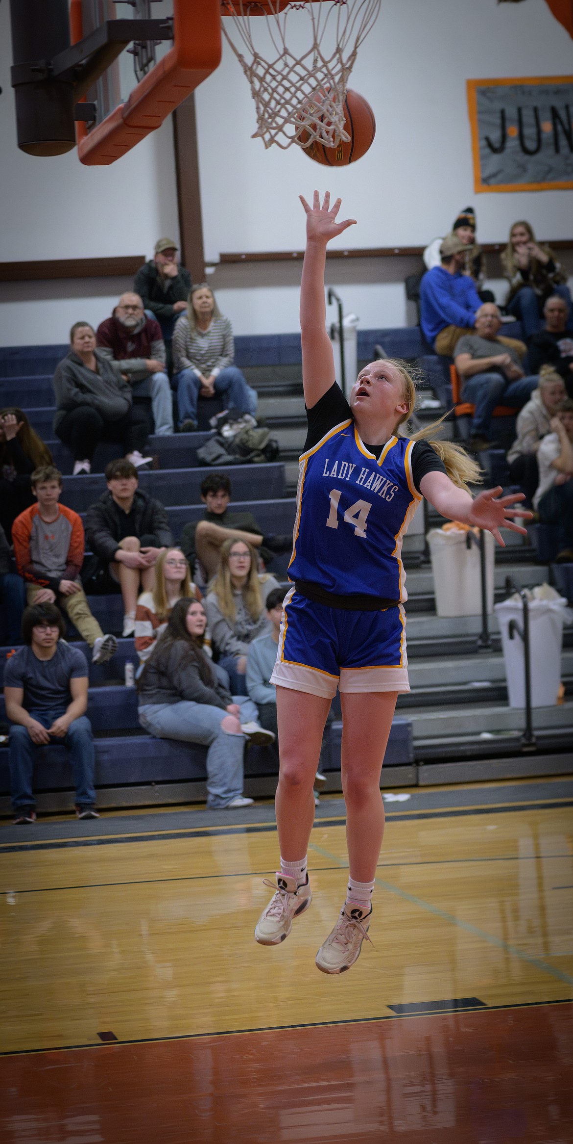 Thompson Falls guard Addy Deal goes up for two during the Lady Hawks game against Plains this past week in Plains. (Tracy Scott, Valley Press)