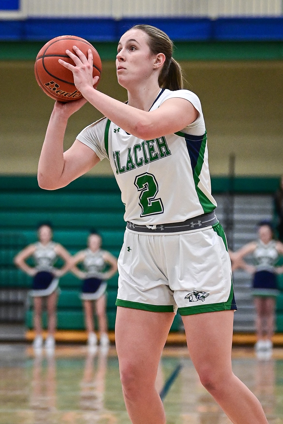 Glacier's Rylee Bigelow (2) knocks down a three in the second quarter against Missoula Big Sky at Glacier High School on Tuesday, Feb. 11. (Casey Kreider/Daily Inter Lake)