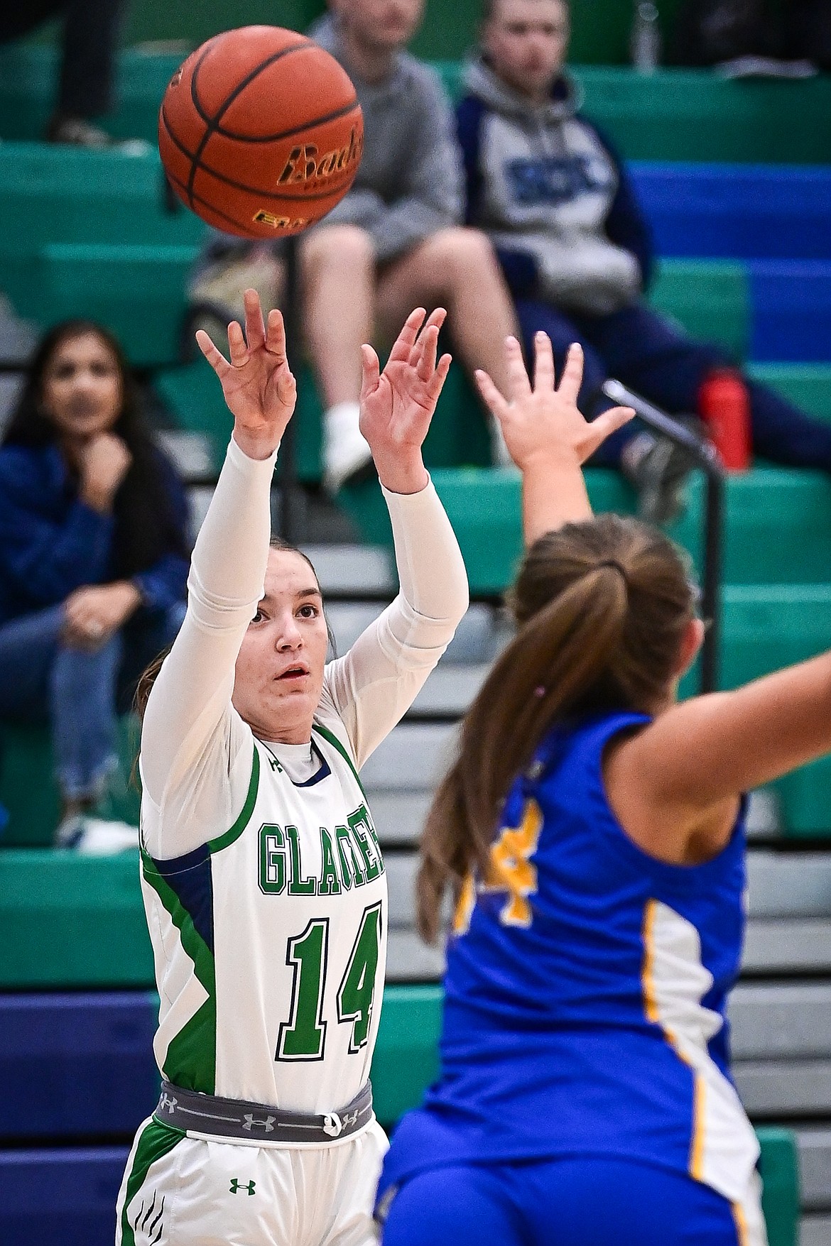 Glacier's Karley Allen (14) shoots in the first quarter against Missoula Big Sky at Glacier High School on Tuesday, Feb. 11. (Casey Kreider/Daily Inter Lake)