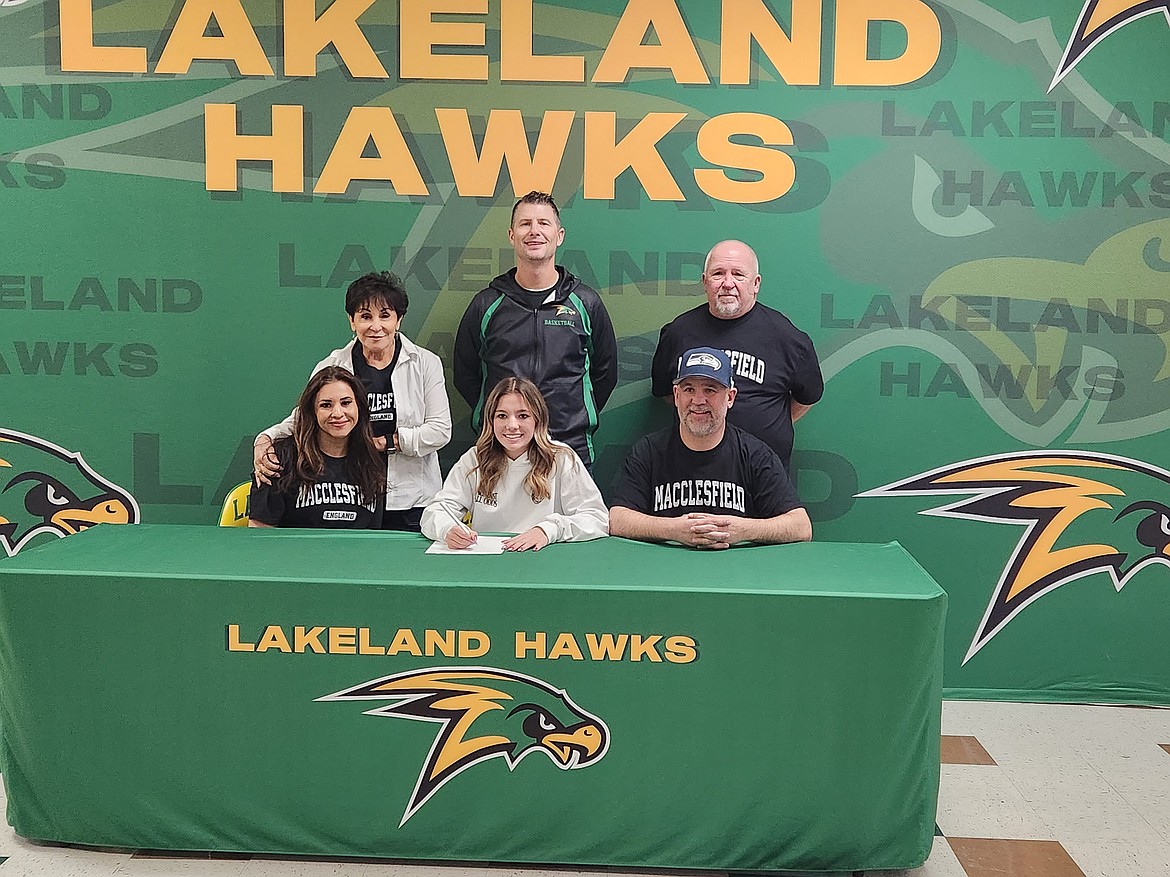 Courtesy photo
Lakeland High senior Brooke Gregory recently signed a letter of intent to play soccer for the Macclesfield Football Club in England. Seated from left are Melissa Gregory (mom), Brooke Gregory and Jason Gregory (dad); and standing from left, Mona Valdez (grandma), Matt Neff (athletic director) and Jeff Gregory (grandpa).