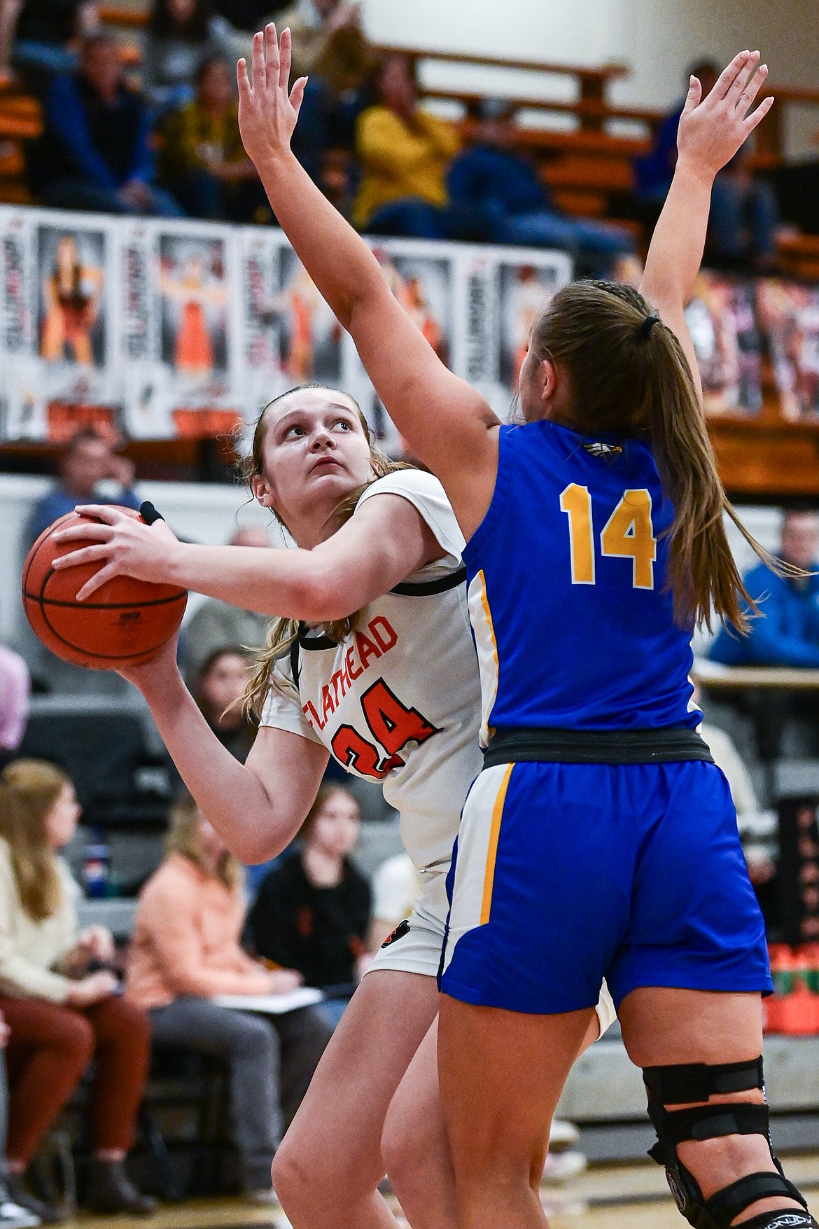 Flathead's Mattie Thompson (24) looks for her shot in the third quarter against Missoula Big Sky at Flathead HIgh School on Thursday, Feb. 13. (Casey Kreider/Daily Inter Lake)