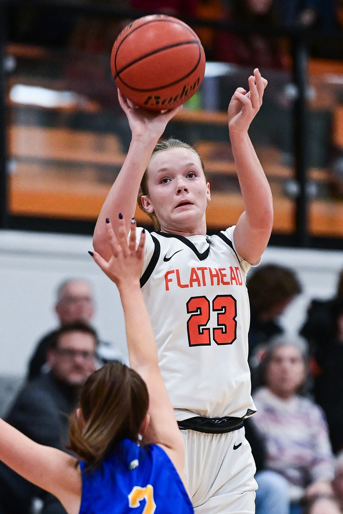 Flathead's Grace Gall (23) shoots in the second quarter against Missoula Big Sky at Flathead HIgh School on Thursday, Feb. 13. (Casey Kreider/Daily Inter Lake)