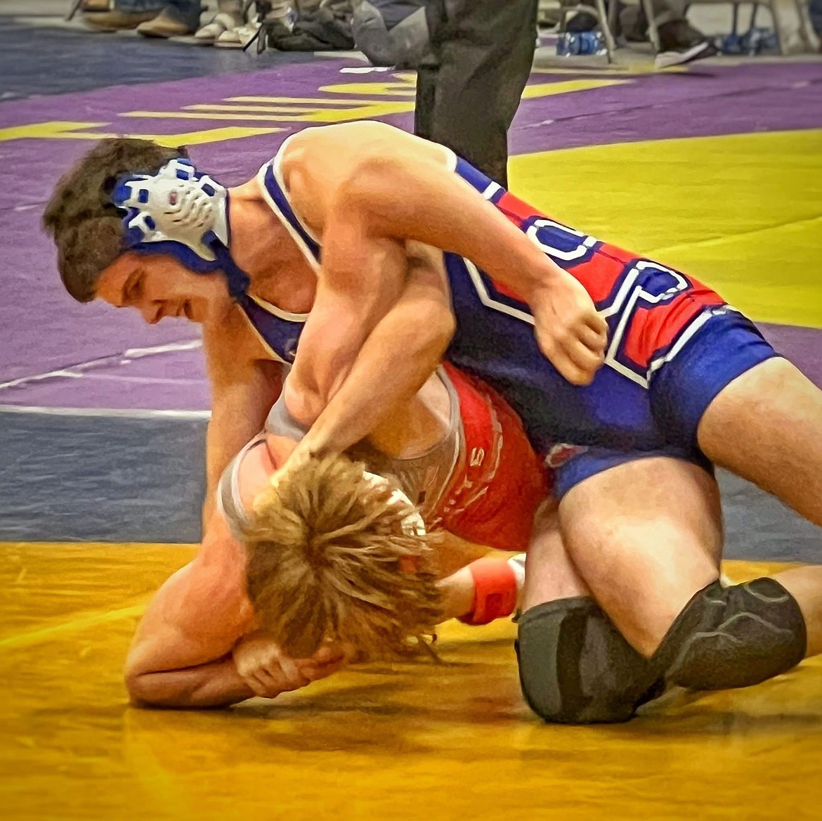 Superior 150-pounder Sam Doughty controls his opponent at this past weekend's Western Divisional tourney in Butte. (Photo by Kami Milender)