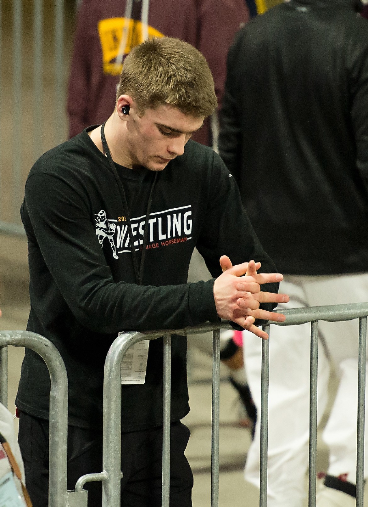 Plains-Hot Springs 157-pounder John Waterbury has a quiet moment prior to a match at this past weekend's State B-C wrestling championships in Billings.  (Photo by Teresa Waterbury)