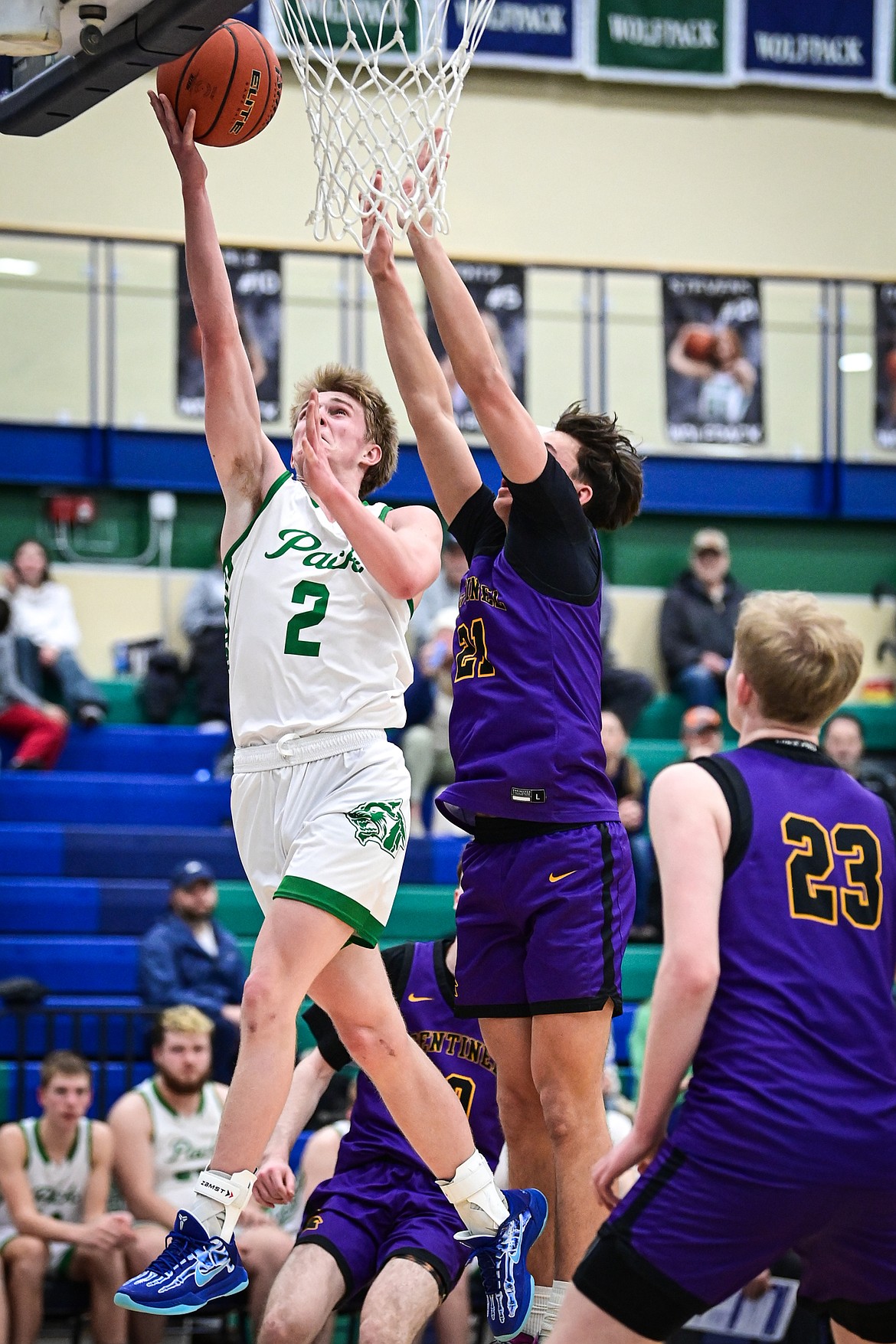 Glacier's Liam Ells (2) goes to the basket in the second half against Missoula Sentinel at Glacier High School on Tuesday, Feb. 18. (Casey Kreider/Daily Inter Lake)