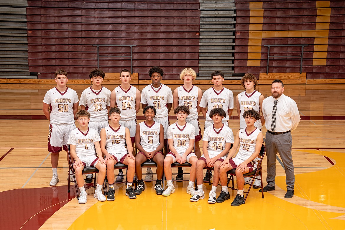 The Moses Lake High School Mavericks freshman team finished the season with a 20-0 record. Back row, left to right, Emilio Sarraraz, Jayven Greeno, Dawson Stuart, Jax Johnson, Isaac Legault, Davin Martinez, Nolan Decubber, Coach Ryan Carlstrom. Front row, left to right, Grady Green, J.B. Olson, Demajae Gardner, Case Anderson, Landon Vink, Jacoby Deleon.