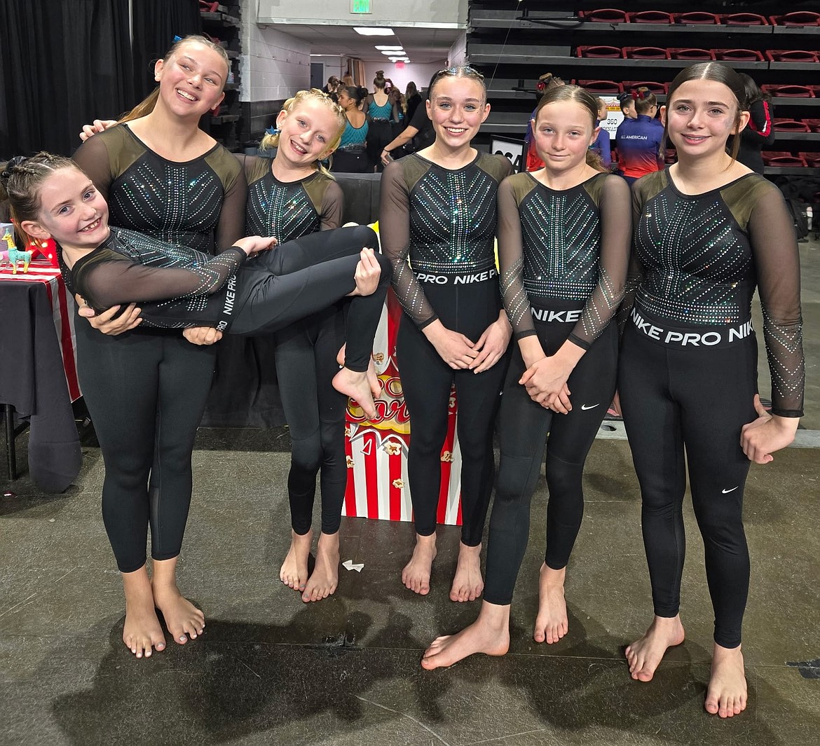 Courtesy photo
Technique Gymnastics Xcel Golds ready to compete at Under The Big Top in Boise. In the front is Madison Forkner; and back row  from left, Kenley Kuebler, Adelyn Etheridge, Lacey Liden, Everly Reed and Sydney D'Avanzo.