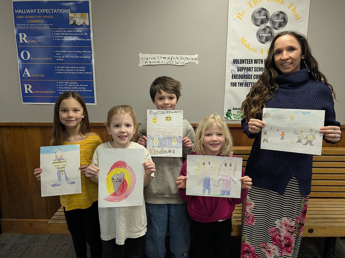 Libby Elementary School celebrated Random Acts of Kindness Week Feb. 10-13. Part of the events were a poster contest which was judged by Spring Up Libby. Unite for Youth donated gift cards which were awarded to the winners. From left are the winners in each grade, Oakley Melby (second), Adaline Bolin (first), Scott Jeffrey (third), Emily Johnson (Kindergarten) and Timber Parker (fifth), held by school counselor Brittany Katzer, because of his absence. (Photo courtesy Brittany Katzer)
