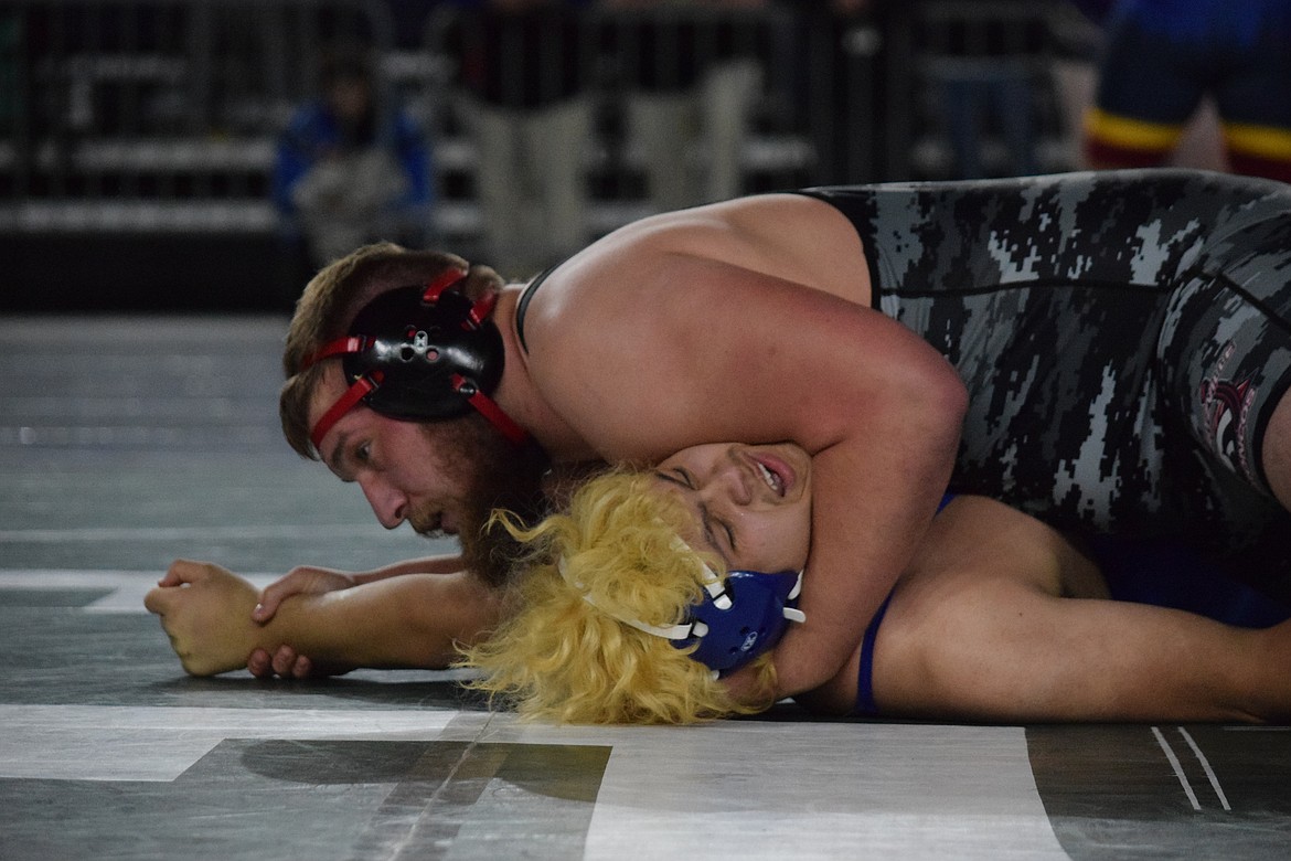 Brock Tracy, 285, from Lind-Ritzville pinned Jesus Arias from Warden in 2:27 during the second day of the Mat Classic at the Tacoma Dome. The tournament will continue Saturday with final rounds for 2A boys, 1A Boys, 1B/2B Boys, 2A Girls and 1B/2B/1A Girls.