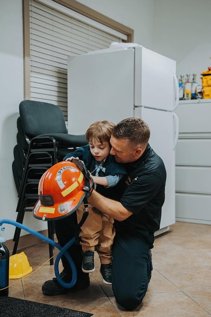 After a recent promotion, GCFD 5 Battalion Commander Travis Svilar passed his captain’s hat down to Preston Thomas Friday. He said he passed the helmet on to Preston because the young man is why EMTs and firefighters do what they do.
