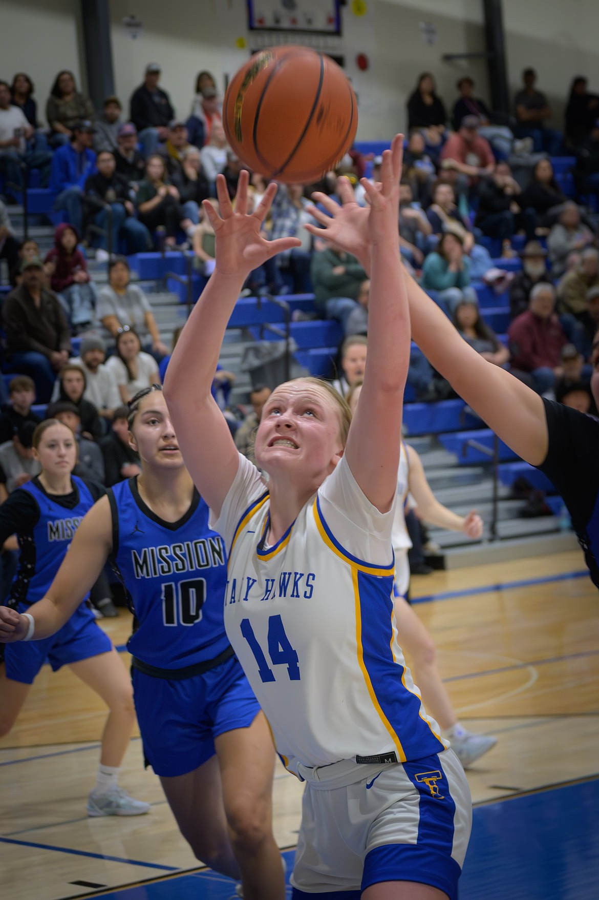 Blue Hawk forward Addy Deal stretches for a rebound during the T Falls District 7B playoffs this past weekend in St. Ignatius.  (Tracy Scott, Valley Press))