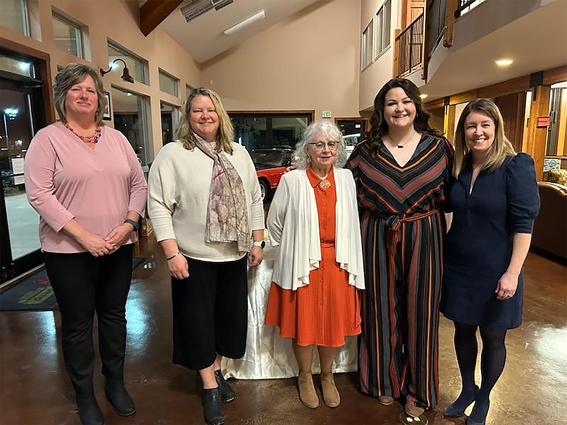 On Monday, February 24, a preferential tea was held to induct new members into Bonners Ferry Beta Sigma Phi chapters. Pictured, from left, are Teresa Rae, Jan Bayer, Cheryl Russell, Karee Wilson and Dani Steinhorst. Absent was Maureen Mai.