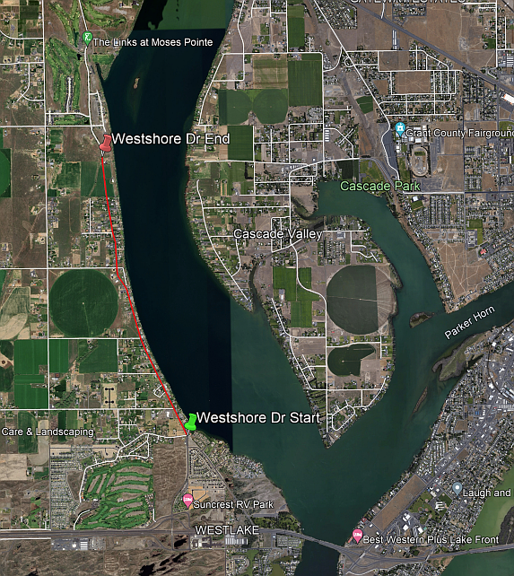 The Westshore Drive project will include a large portion of the road across the lake from Cascade Valley and south of The Links at Moses Pointe.