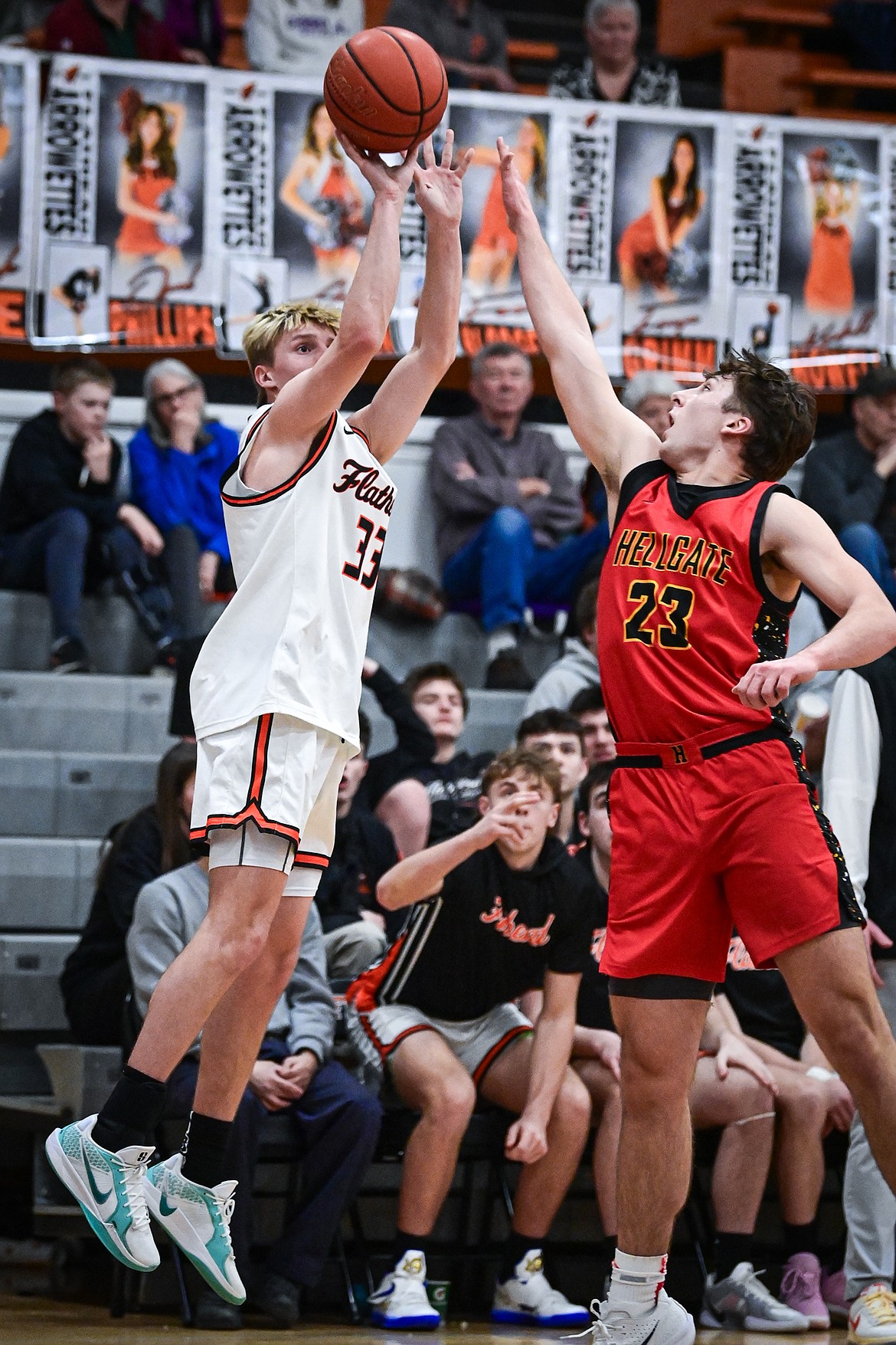 Flathead's Korbin Eaton (33) shoots in the fourth quarter against Missoula Hellgate at Flathead High School on Thursday, Feb. 27. (Casey Kreider/Daily Inter Lake)