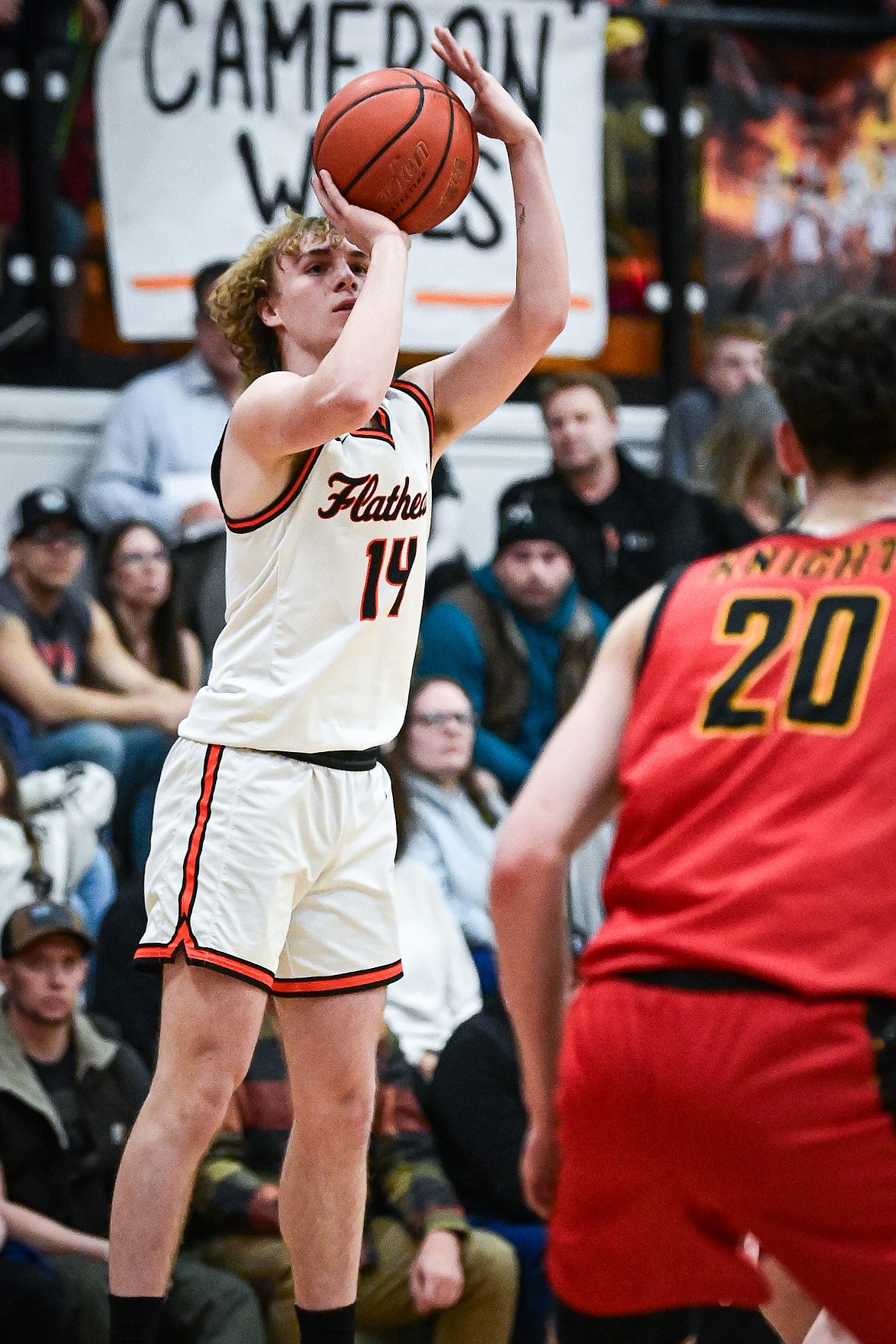Flathead's Gabe St. Germain (14) shoots in the second quarter against Missoula Hellgate at Flathead High School on Thursday, Feb. 27. (Casey Kreider/Daily Inter Lake)
