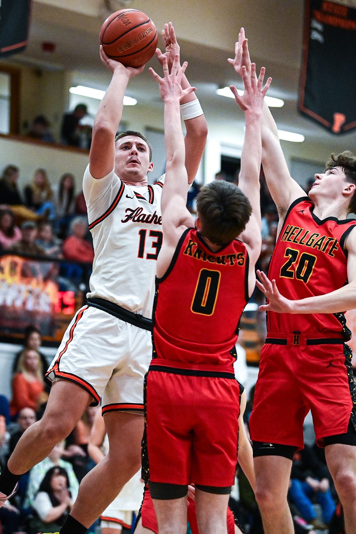 Flathead's Lyric Ersland (13) shoots in the first half against Missoula Hellgate at Flathead High School on Thursday, Feb. 27. (Casey Kreider/Daily Inter Lake)
