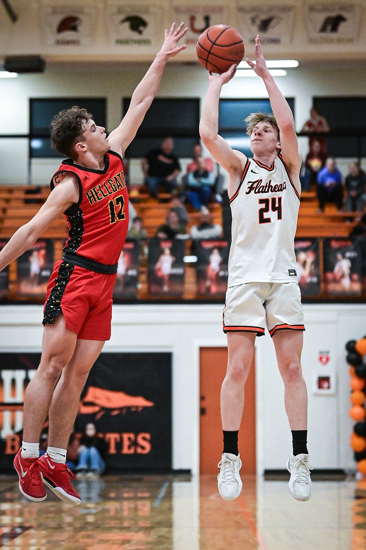 Flathead's Brodee Zahn (24) shoots in the fourth quarter against Missoula Hellgate at Flathead High School on Thursday, Feb. 27. (Casey Kreider/Daily Inter Lake)