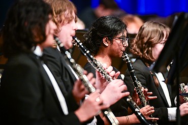Members of the combined symphonic bands from Flathead and Glacier high schools perform at the MHSA AA Band Festival at Glacier High School on Tuesday, March 4. (Casey Kreider/Daily Inter Lake)