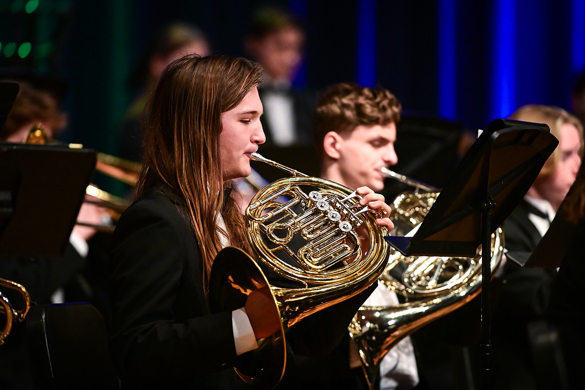 Members of the combined symphonic bands from Flathead and Glacier high schools perform at the MHSA AA Band Festival at Glacier High School on Tuesday, March 4. (Casey Kreider/Daily Inter Lake)