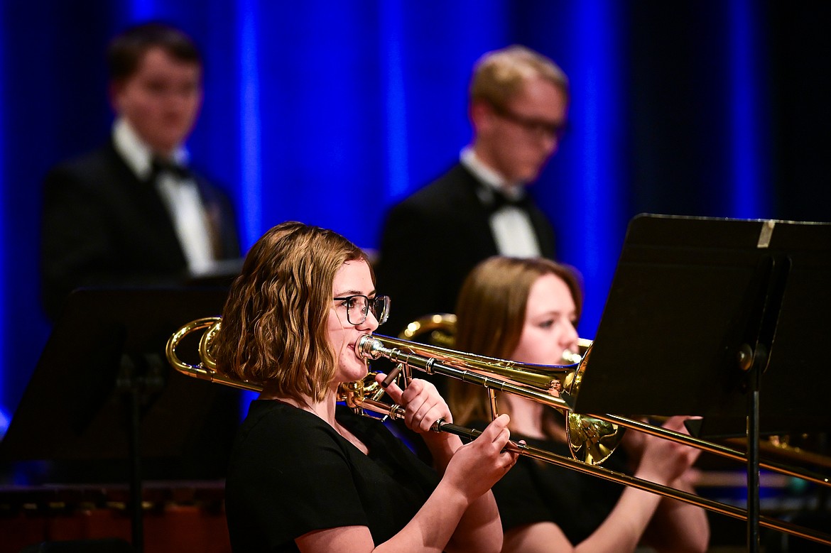 Members of the combined symphonic bands from Flathead and Glacier high schools perform at the MHSA AA Band Festival at Glacier High School on Tuesday, March 4. (Casey Kreider/Daily Inter Lake)
