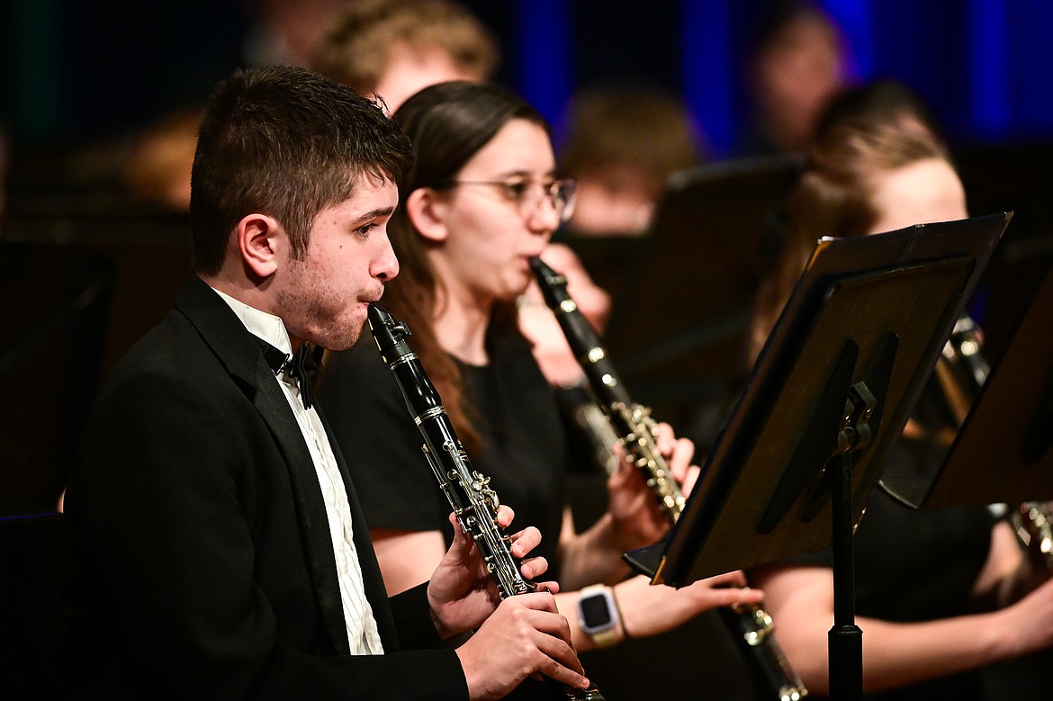 Members of the combined symphonic bands from Flathead and Glacier high schools perform at the MHSA AA Band Festival at Glacier High School on Tuesday, March 4. (Casey Kreider/Daily Inter Lake)
