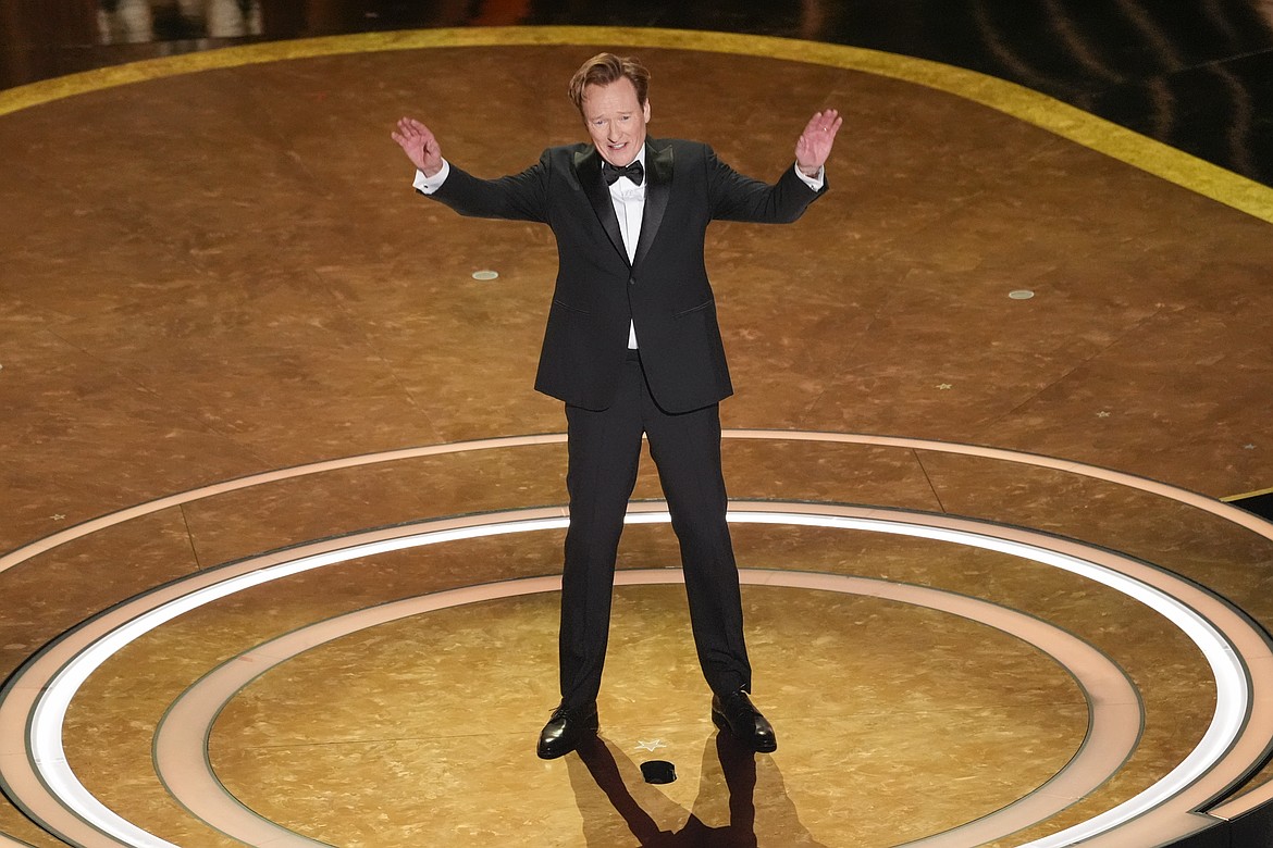 Host Conan O'Brien speaks Sunday during the 2025 Oscars at the Dolby Theatre in Los Angeles.