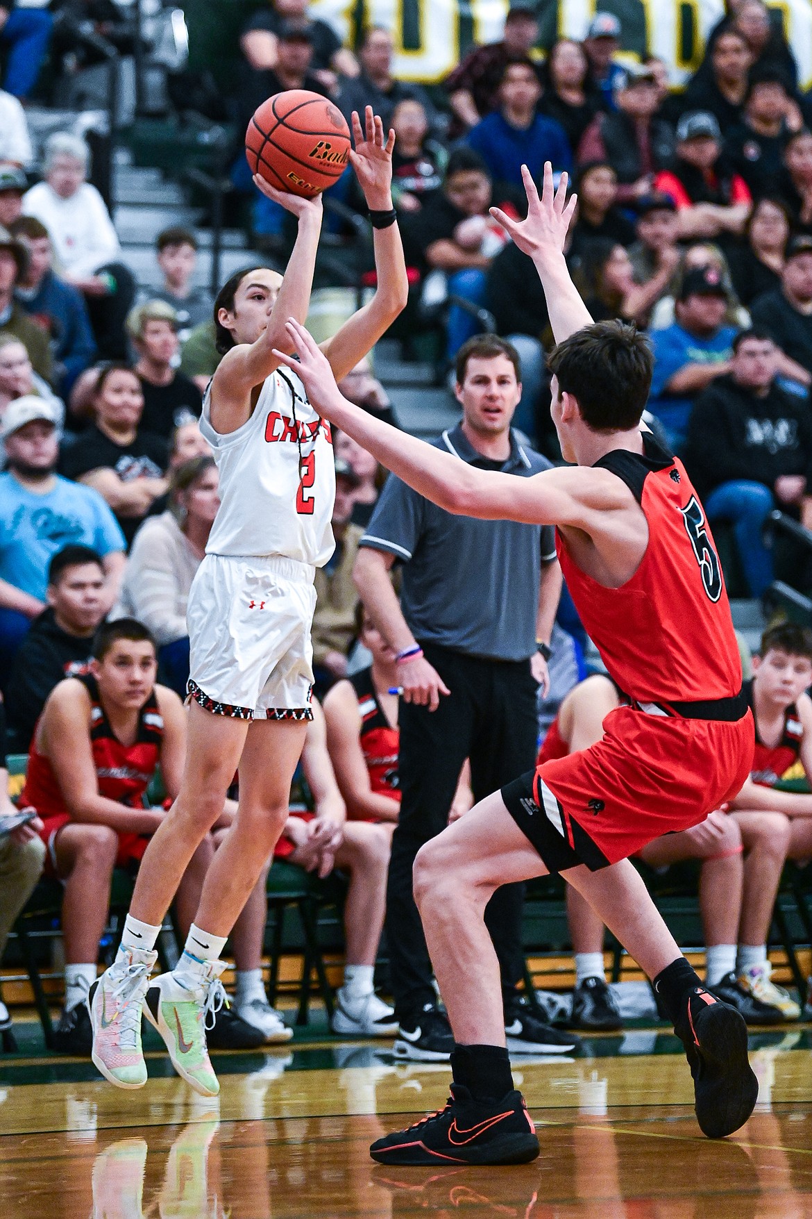 Ronan's Tayen Edmo (2) shoots in the first half against Frenchtown in the consolation game of the Western A Divisional Basketball Tournament at Whitefish High School on Saturday, March 8. (Casey Kreider/Daily Inter Lake)