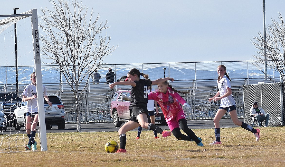 Photo by KARI HYNES
The Sting SC Girls 11 DPL team secured its 10th win of the season with a  7-0 victory over the Central Washington Sounders G11 DPL Strom on Saturday in Yakima. Goals were scored by Olivia Nusser, Harper Overland (2) on assists from Riley Greene and Kylie Lorona, Constance Ovendale, Presley Moreau on an assist from Olivia Nusser, Kenzie Dolan on an assist from Presley Moreau, and Kylie Lorona on an assist from Olivia Nusser. The Sting returns to action in two weeks to face Mt. Rainier FC G11 DPL. Pictured is forward Kylie Lorona (9) of the Sting, taking a shot on goal.