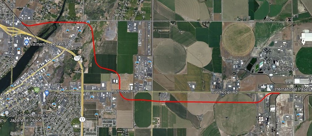 The rail line to be built by the Port of Moses Lake will extend from Wheeler Road to port property.