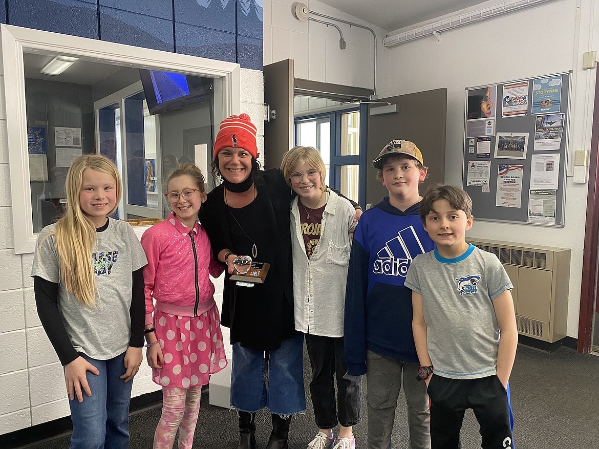 Morrison Elementary Students recently nominated Ms. Mel Roesler-Begalke as VFW "Teacher of the Year." From left, are Aubrey Wilson, Daphne Boyd, Roesler-Begalke, Keeler Valentine, Deegen Burton and Niccolo Davis. (Courtesy photo)