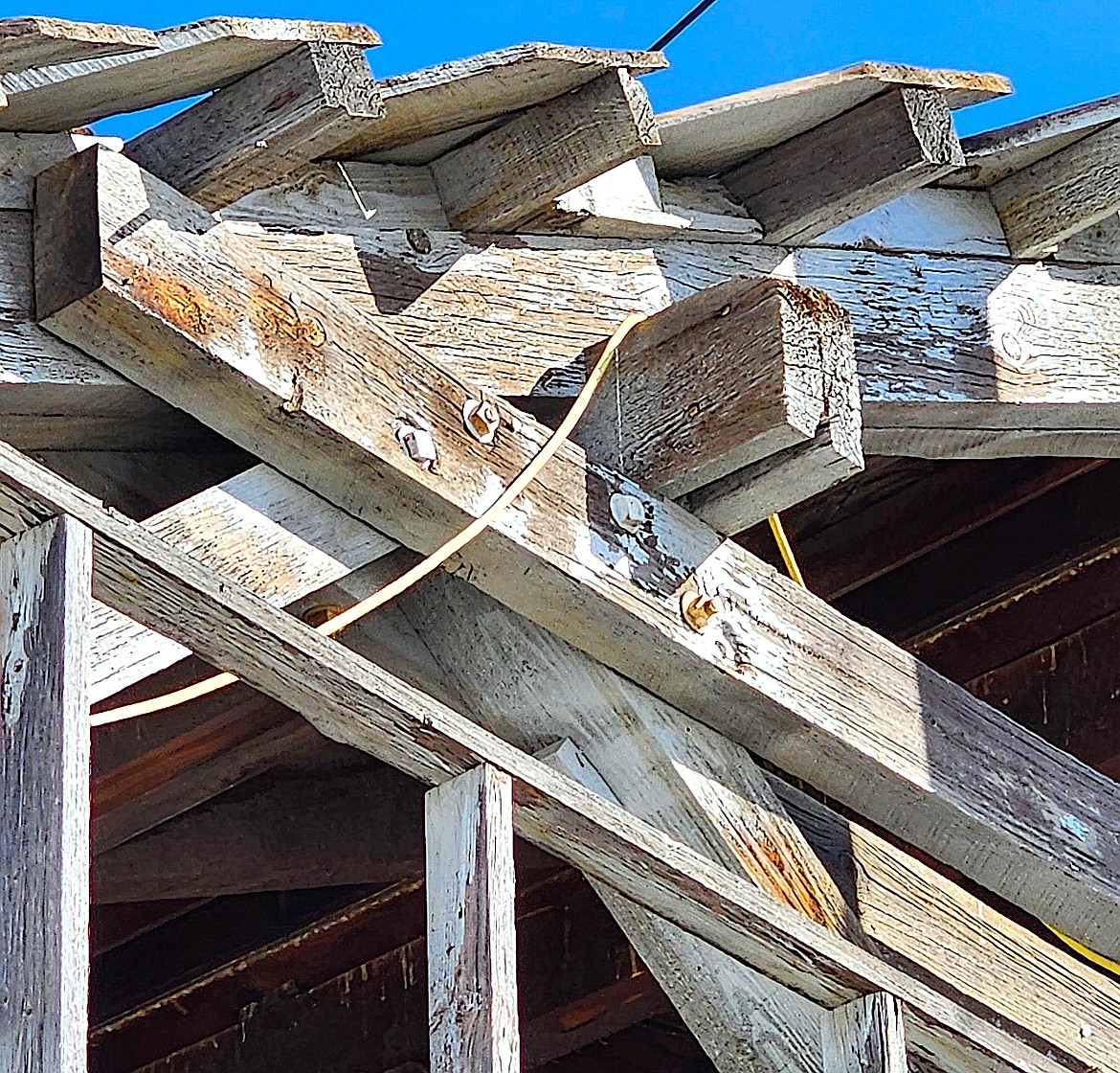 The west grandstand at the Lake County Fairgrounds in Ronan needs to be repaired due to a sagging wall on the structure and missing roof pieces that blew off. (Berl Tiskus/Leader)